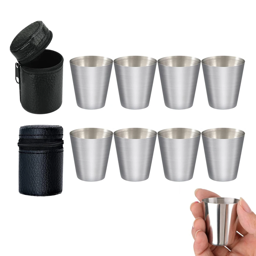 Practical Polished 30Ml Mini Stainless Steel Shot Glass Cup Drinking Wine Glasses with Leather Cover Bag for Home Kitchen Bar