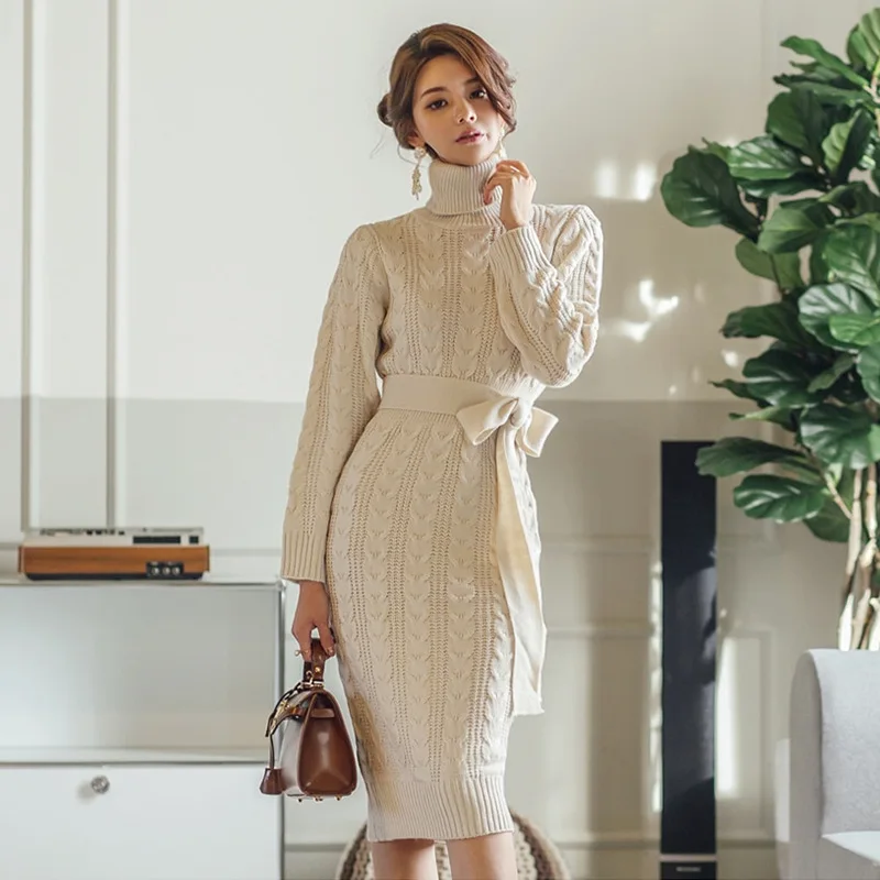 

Turtleneck Lace-up Sweater Dress Autumn and Winter Solid Long Sleeve Dresses Cinch in the Waist White Dresses for Women Classy