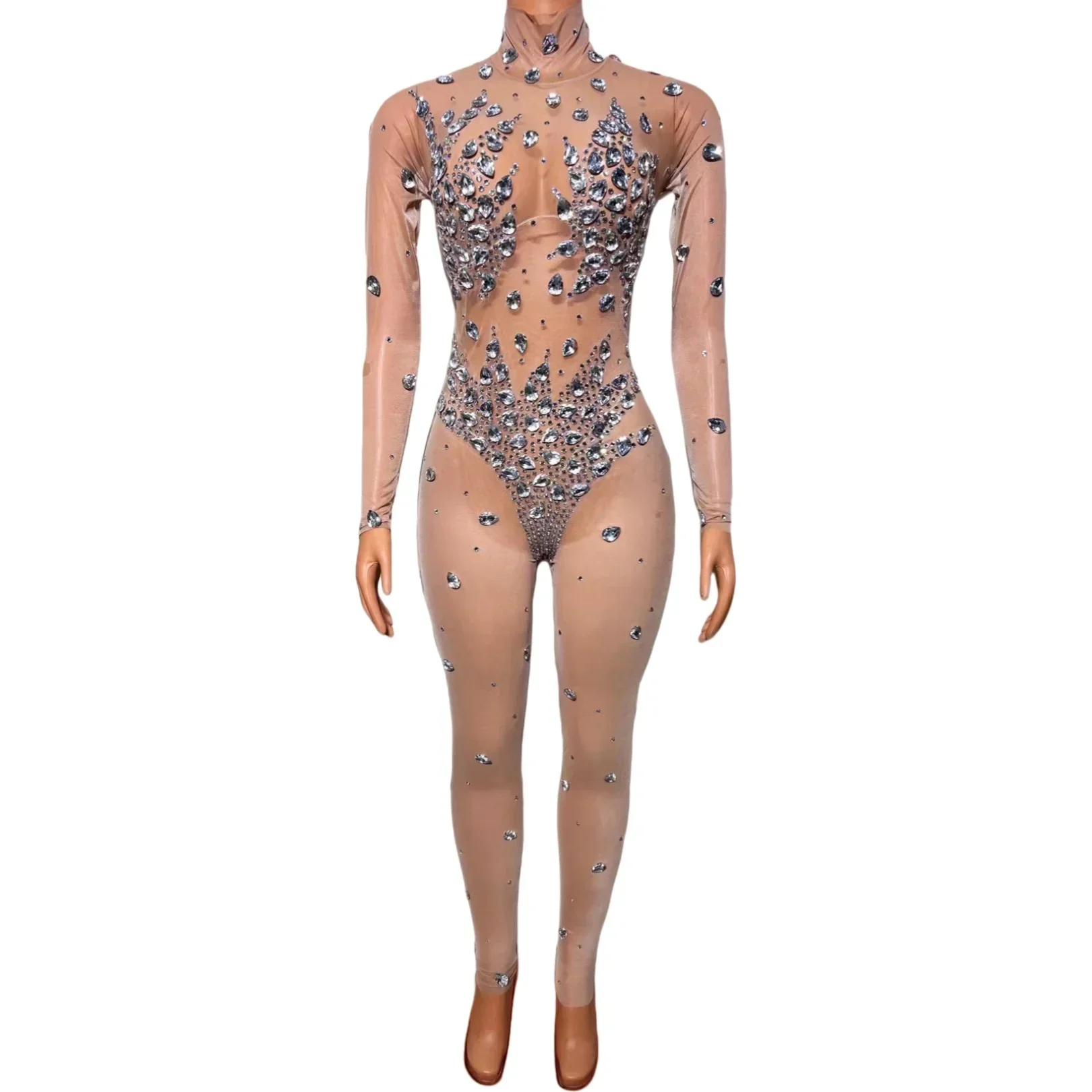 

Sparkly Rhinestone Sheer Nude Mesh Jumpsuit Women Sexy See Through Jumpsuit Stage Birthday Party Dance Showgirl Glitter Jumpsuit