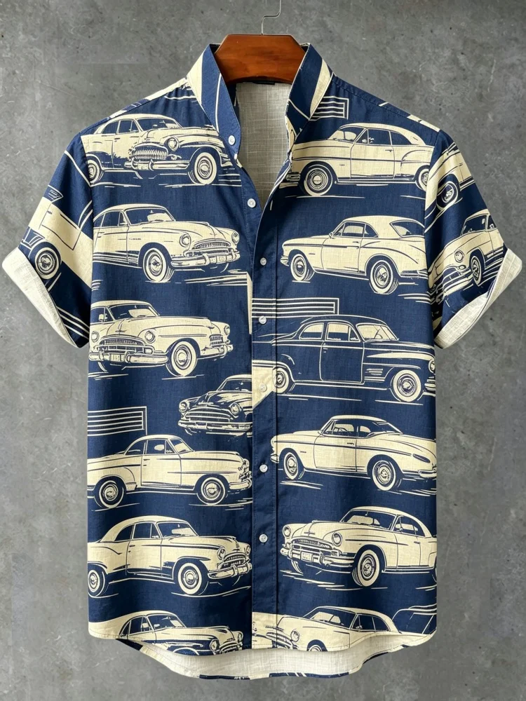 

Men's Vintage Classic Car Print Stand Collar Short Sleeve Shirt Loose Comfort Casual Retro Top