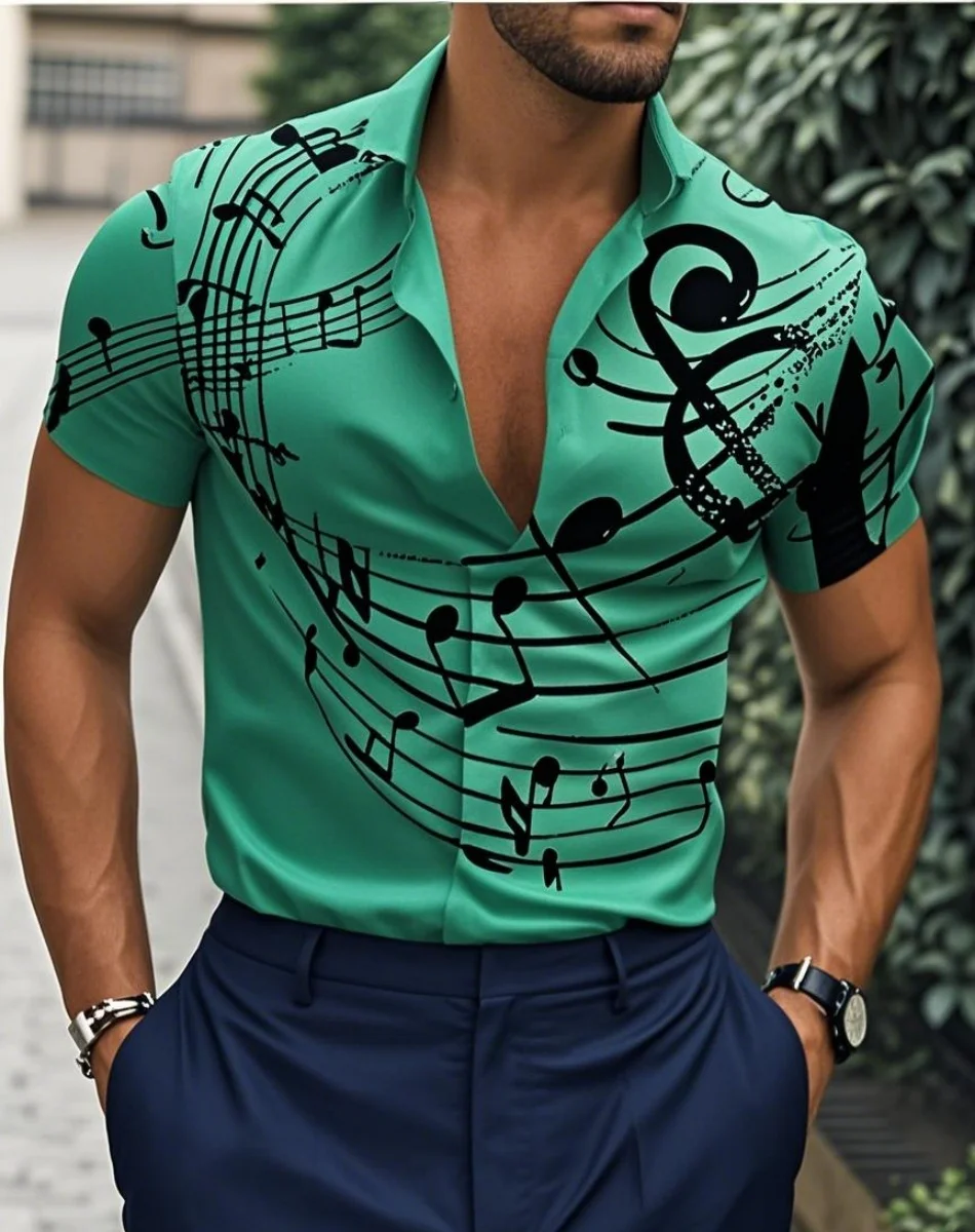 Camisa de hombre Patrón Camisa Texto Notas musicales Solapa Mangas cortas Camisa con botones estampados Diseñador de moda Casual Transpirable