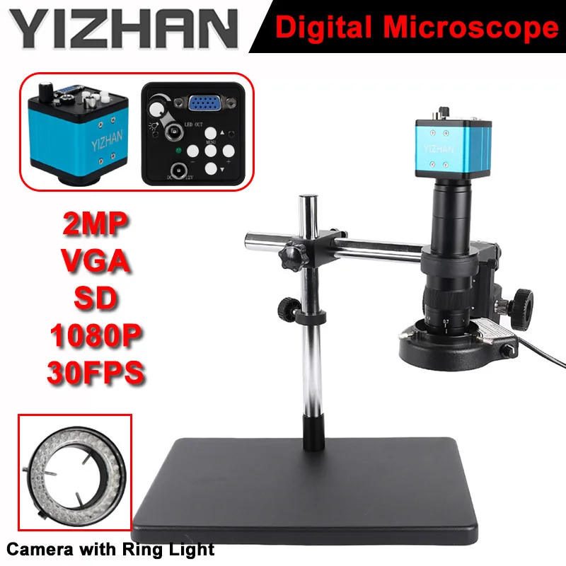

180X C-mount зум-объектив электронный цифровой микроскоп 2MP VGA 1080P 30FPS SD камера большой металлический базовый кронштейн кольцевой светильник ремонт