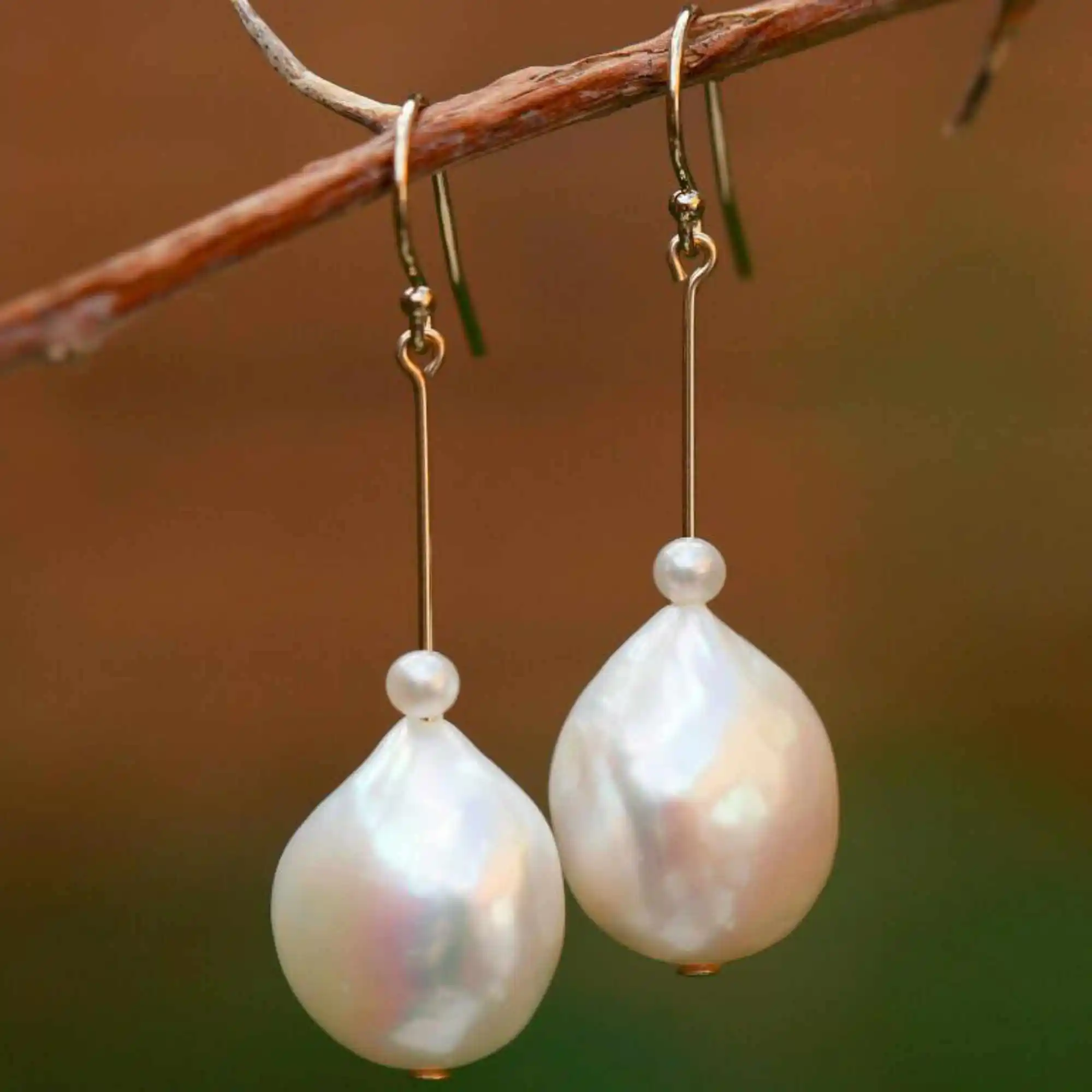 

16.5mm Natural white Freshwater Baroque pearl 14k gold earrings Beautiful Wedding Lucky Christmas