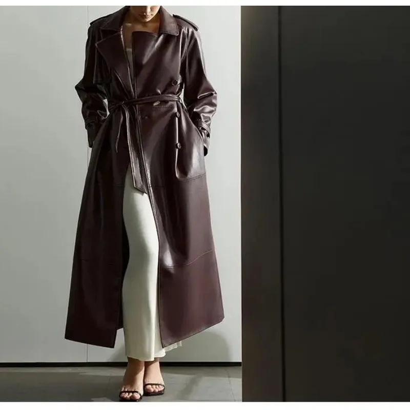 The 2025 Fall/winter Long Lace-up PU Coat Has A Loose and Casual Temperament
