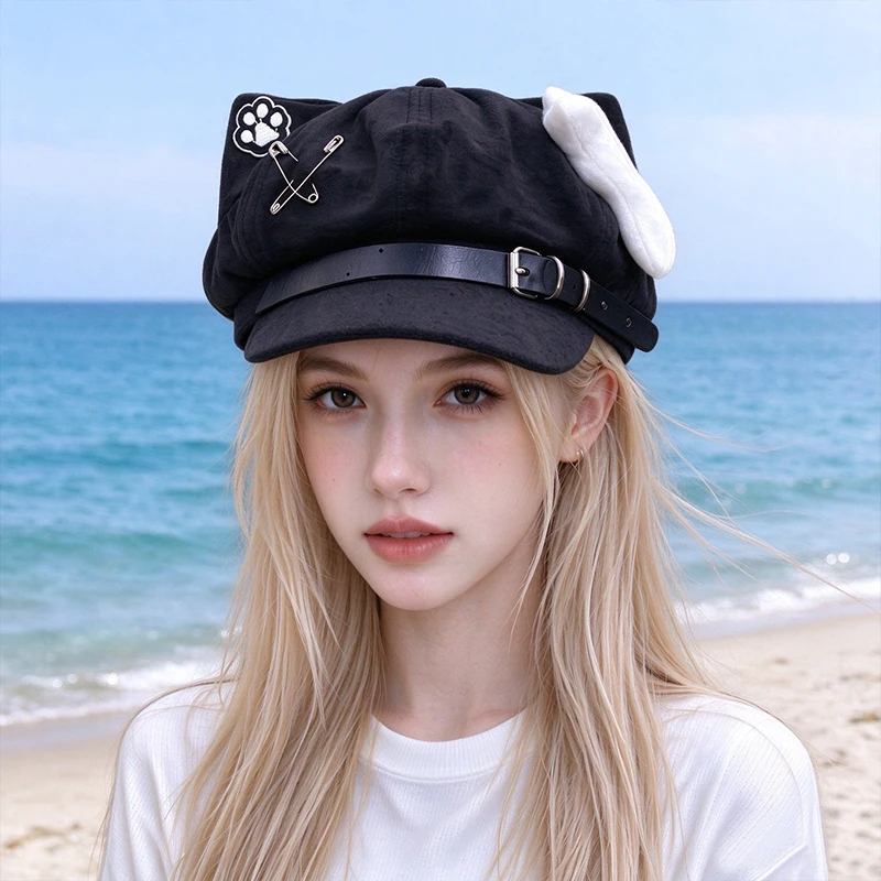 Kawaii Plush Cat Ear Newsboy Cap for Women Y2K Harajuku Punk Cat Paw Safety Pin Octagonal Beret Peaked Baker Boy Hat