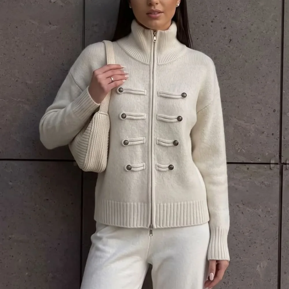 Knit Sweater for Women in Solid Color with High Neck and Full Zipper Suitable for Summer Vacation and Outdoor Activities