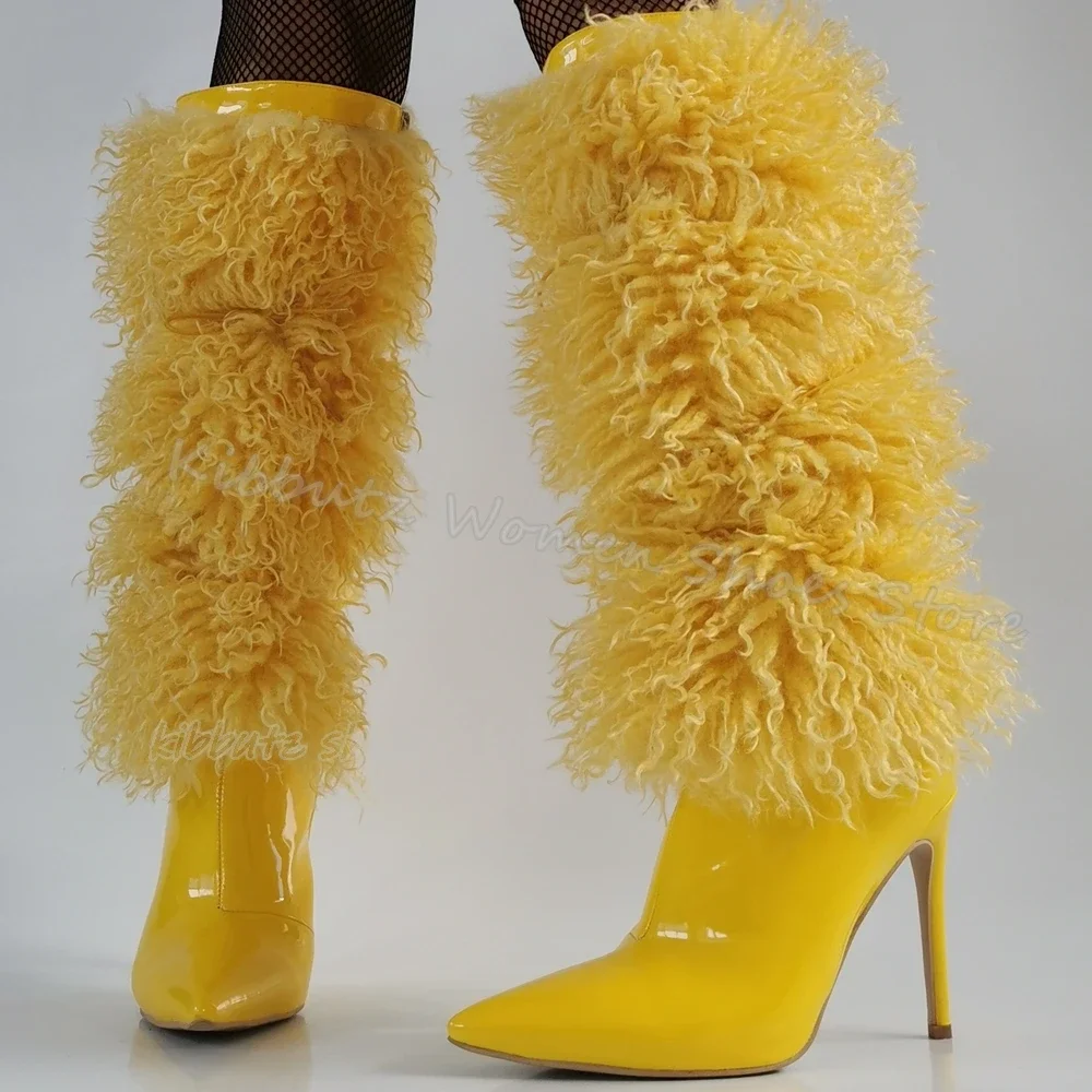 

Knee High Boot Furry Warm Winter Pointy Novelty Fashion Elegant Sexy Concise Novelty Leather Solid Color Slip-On Women Shoes New