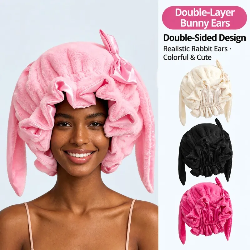 Women Double Layer Rabbit Ear Hat, Plush Satin Hair Sleep Cap, Soft Night Bonnet, Anti-Frizz Head Cover for Hair Protection