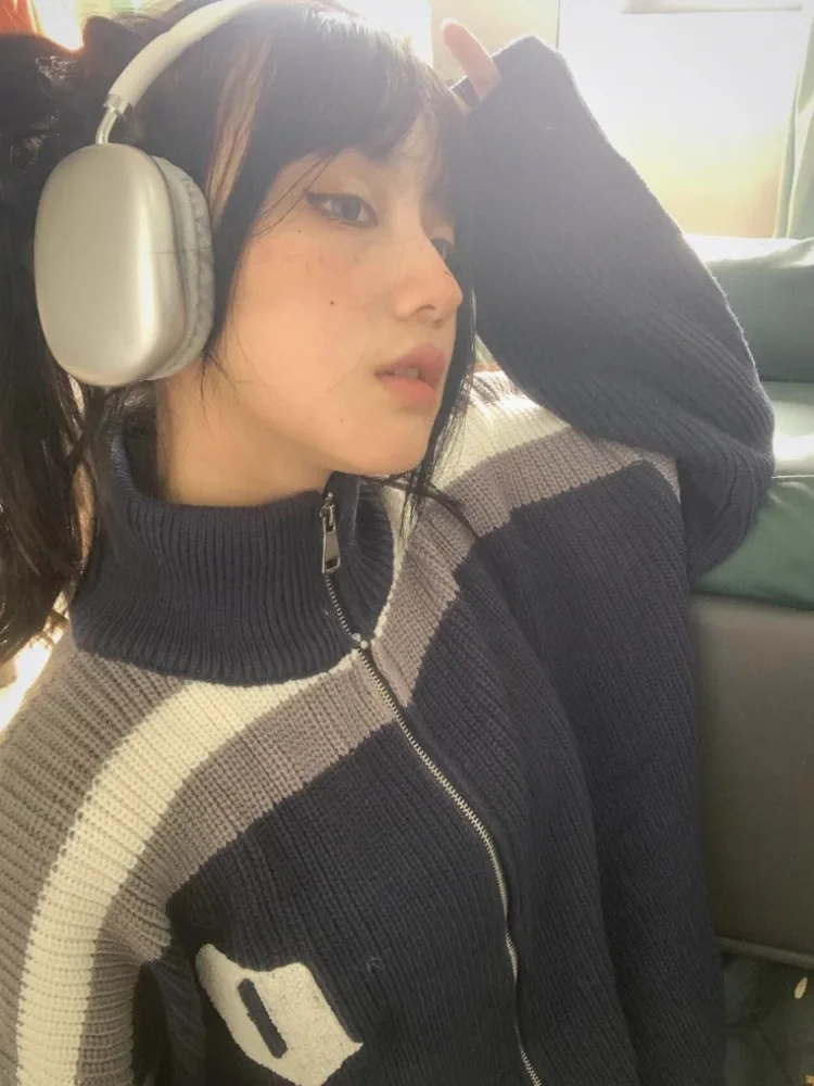 Deeptown Y2k Aesthetic Grunge Knitted Cardigan Women American Retro Streetwear Embroidery Hip Hop Patchwork Sweater Autumn 2024