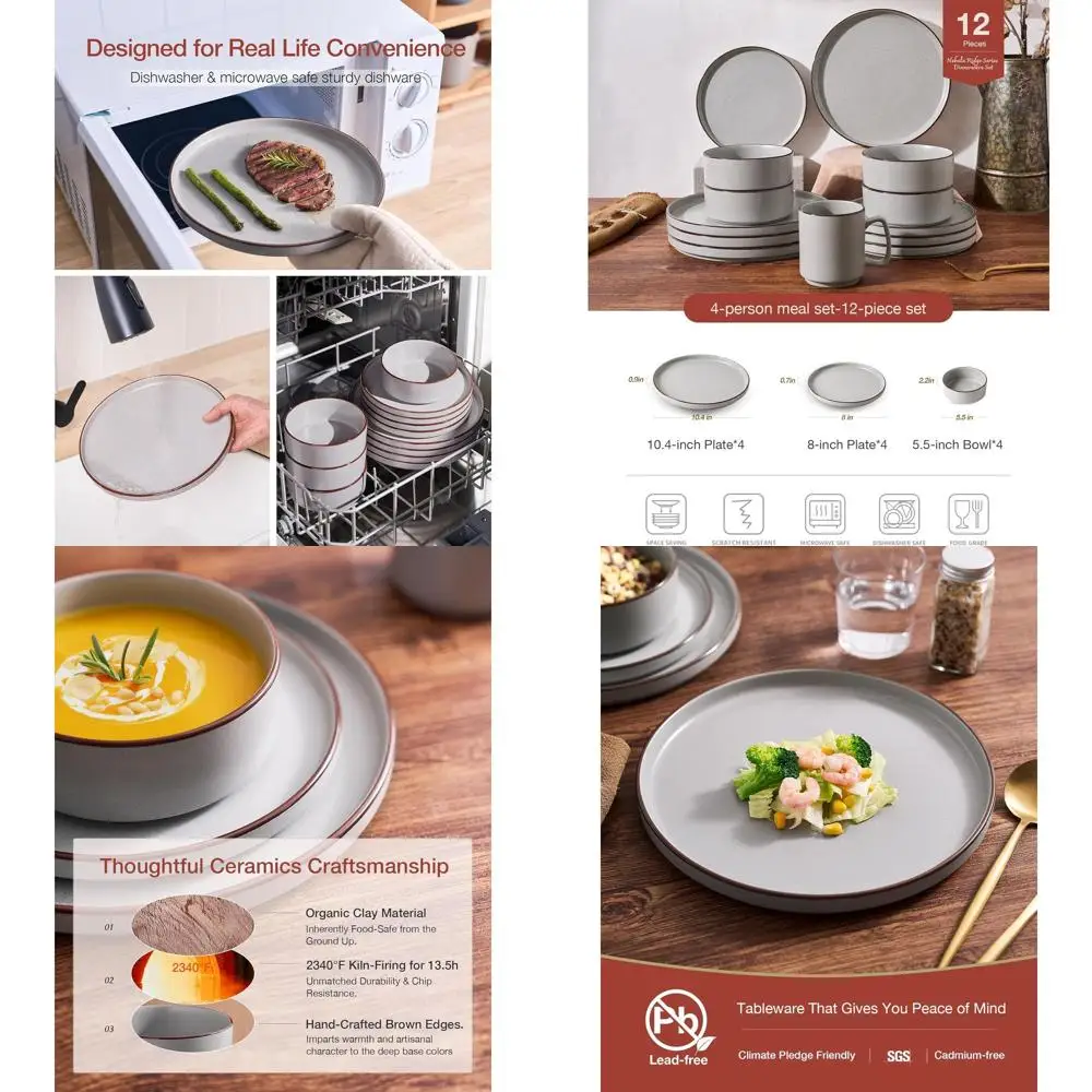 

Stoneware Dinnerware Set, 4 or 12-Piece Plates and Bowls, Light Gray, Microwave & Dishwasher Safe