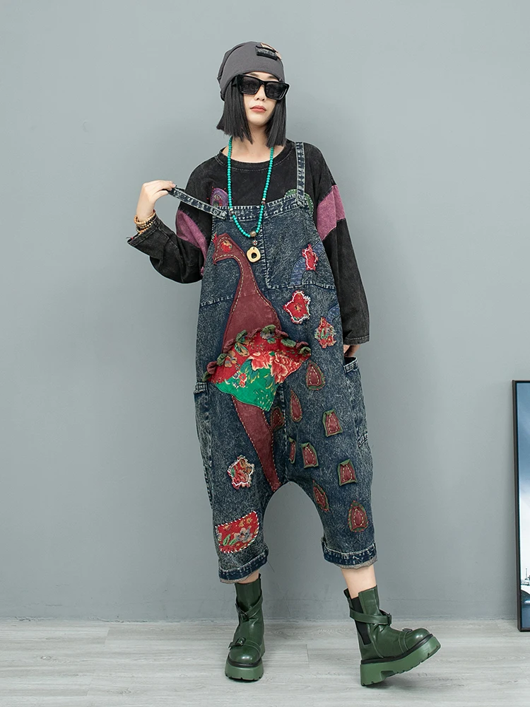 Hand Embroidered Cloth Denim Strap Pants Women 2024 Autumn Loose Age Reducing High Waist Jumpsuit LX2338