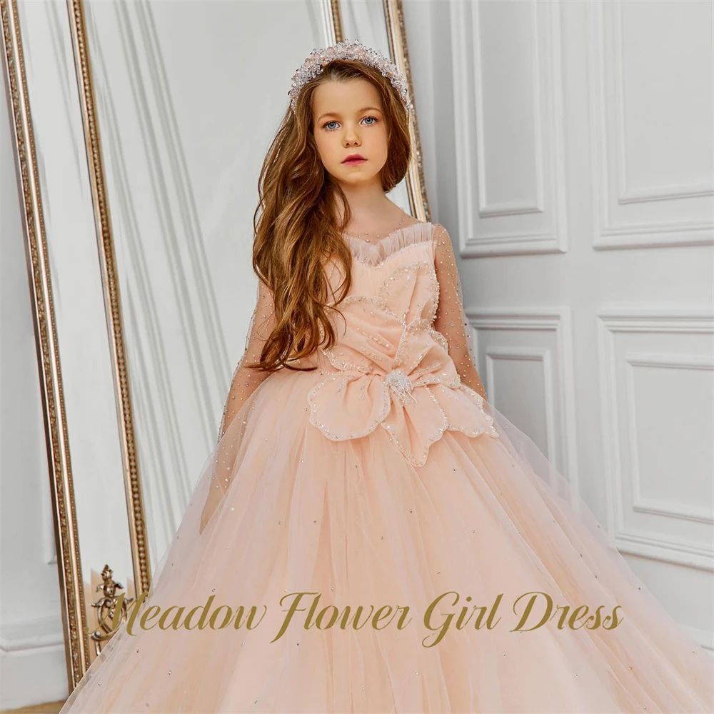 Meadow Rhinestone Trimmed 3D Front Bow Children Birthday Wedding Dresses Lace Up Back Sheer Long Sleeves Girls Dress Customized