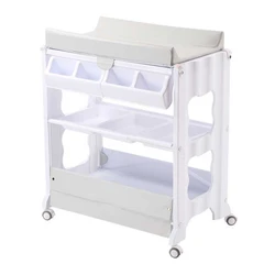 Folding 4 wheels portable high standing baby changing table with bath tub