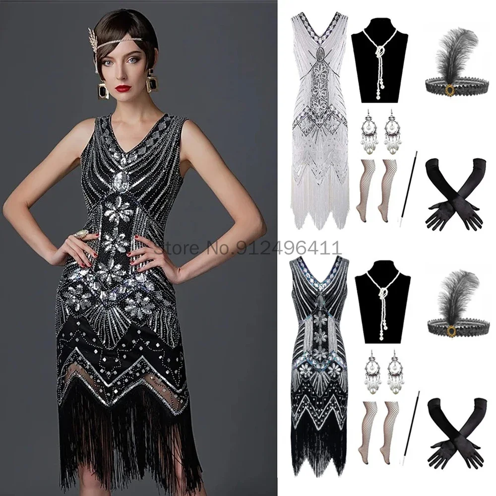 

1920s Retro Elegant Flapper Dress Great Gatsby Party Cosplay Costume Sleeveless Sequin Beaded Tassel Dresses Female Vestidos