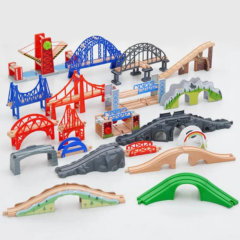 Wooden Train Bridges Wooden Train Track Accessories Suspension Bridge Viaduct Bridge Compatible with Thomas Trains Brio Set