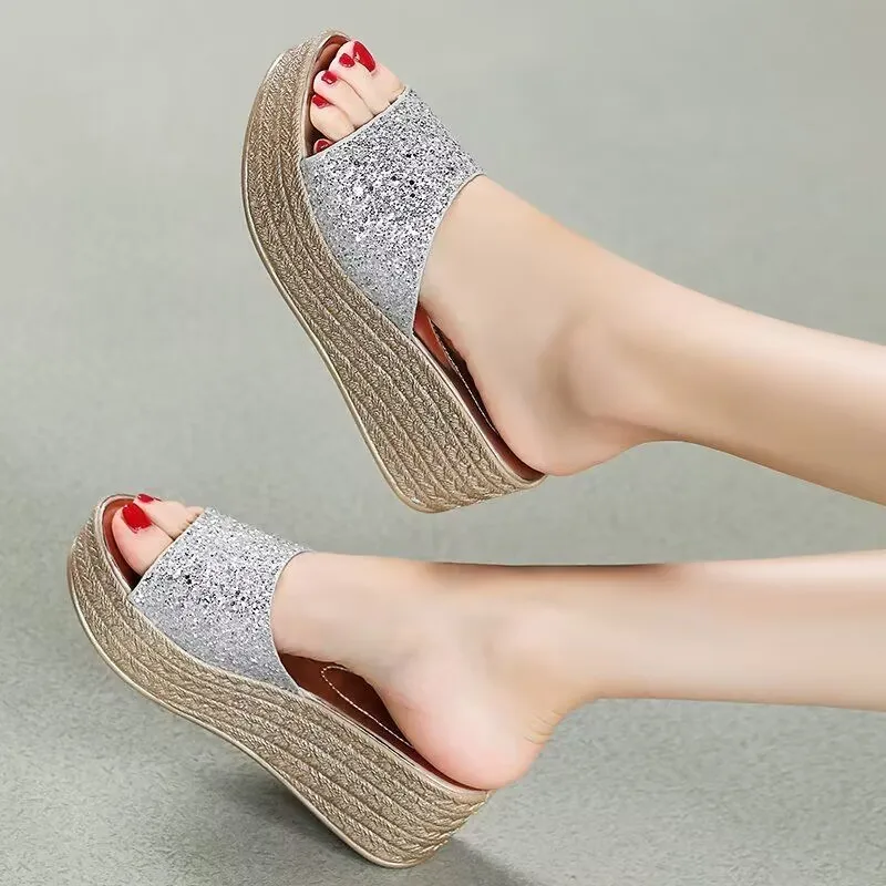 Slippers for Women 2024 Summer Open Toe Platform Sandals Gold Silver Sequins Wedges Woman High Heels Slides Ladies Sandals 35-40