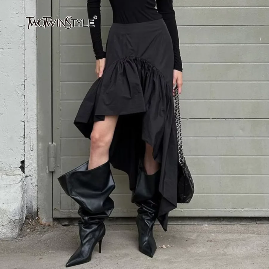 

TWOTWINSTYLE Black Vintage Skirt for Women High Waist Slimming Spliced Ruffled Temperament Irregular Skirts Female Autumn Style