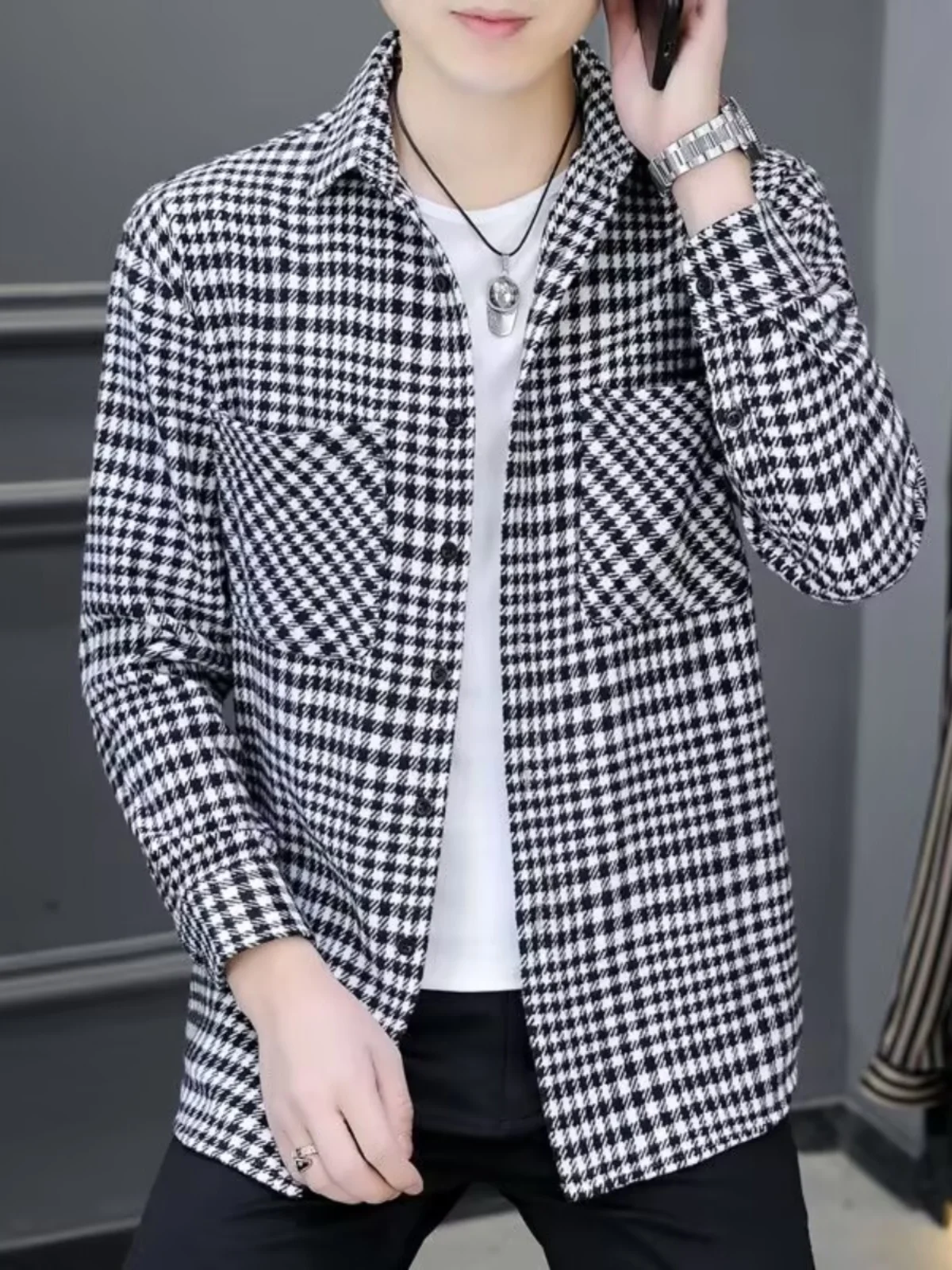 

Autumn Winter Plaid Thiened Woolen irt Men's Long Sve Loose Korean Sle Outerwear Youth Faion Wear Resistant