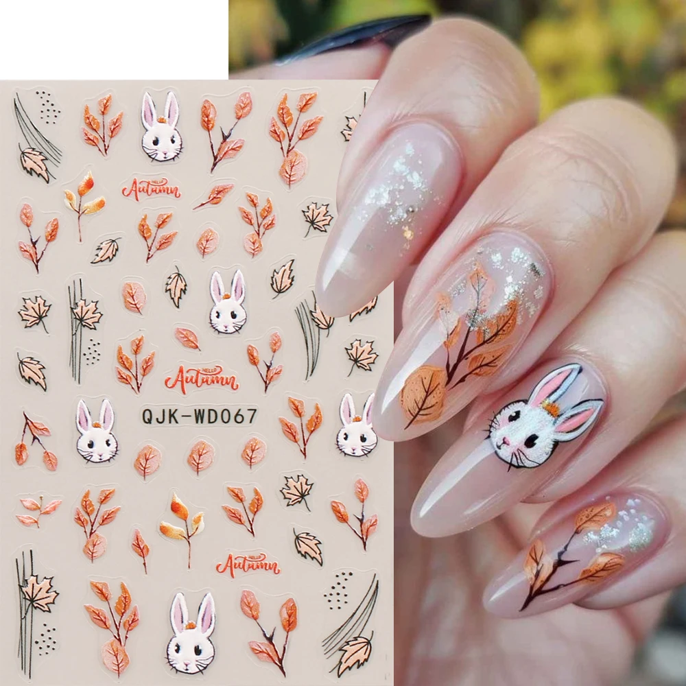 1 Stück Geprägte Blätter 3D Nagelkunst-Aufkleber Hase Reh Eule Niedliche Tiere Herbstblatt Nagelsticker Herbst Nagel-DIY-Designs Dekorationen