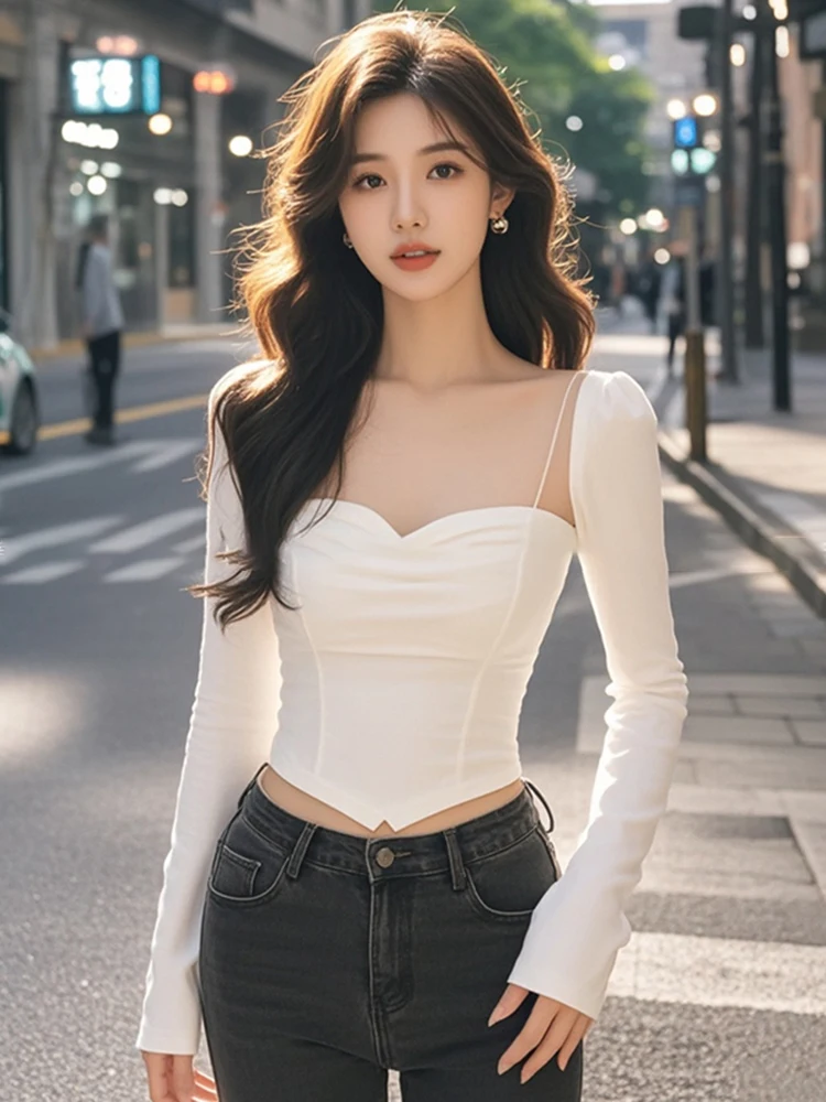 

Unique Sweet Spicy ort Crop Top Women's Long Sve Square Collar Base irt Design Sense Belly Bared Korean Sle Slim Fit