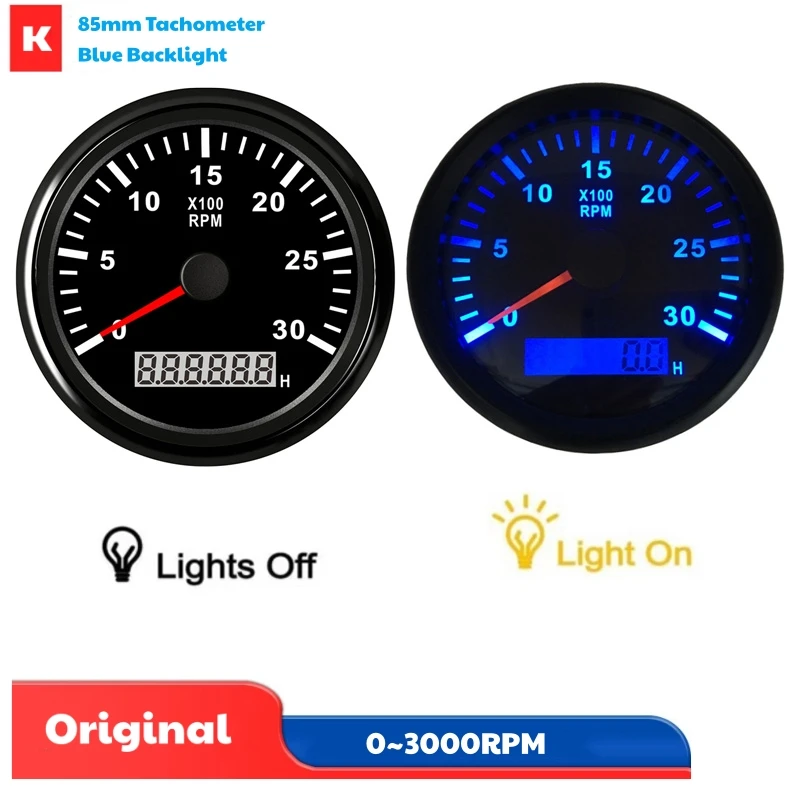

Тахометры двигателя 85 мм для автомобилей, манометры 0-3000 об/мин, счетчики Rev с часами и синей подсветкой, соотношение скорости 1-300 часов