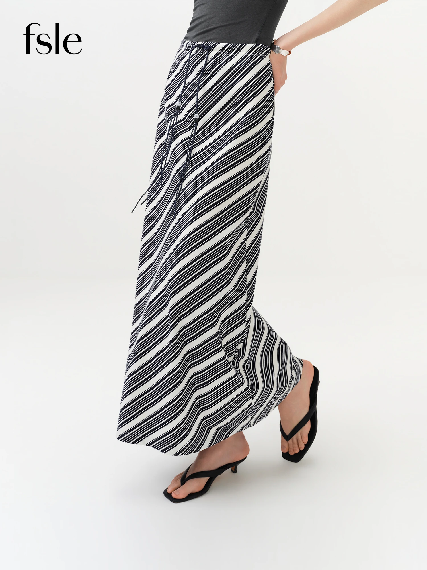 FSLE Vintage Striped Maxi Skirt For Women 2026 Summer New H - Line Straight Resort Style Casual Loose Long Skirt for Vacation