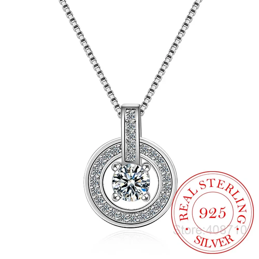 925 Sterling Silver Necklaces Rhinestone Double Circle Pendant Necklace Jewelry Collar Colar de Plata