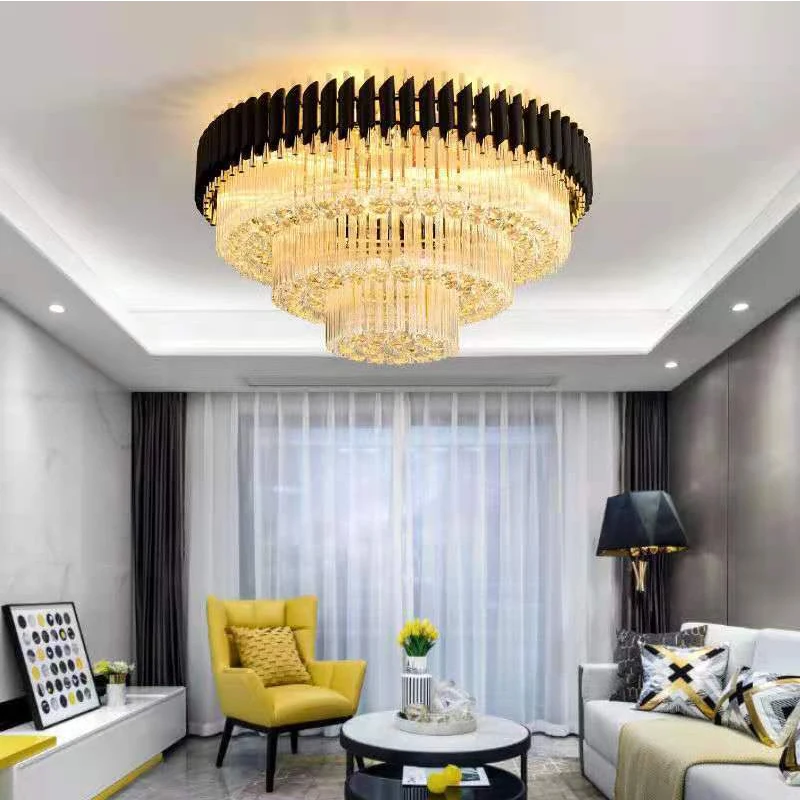 Modern Black Round Multi-Layer Crystal Ceiling Light Metal Lamp Body For Living Room Dining Room Bedroom Luxury Indoor Lamp