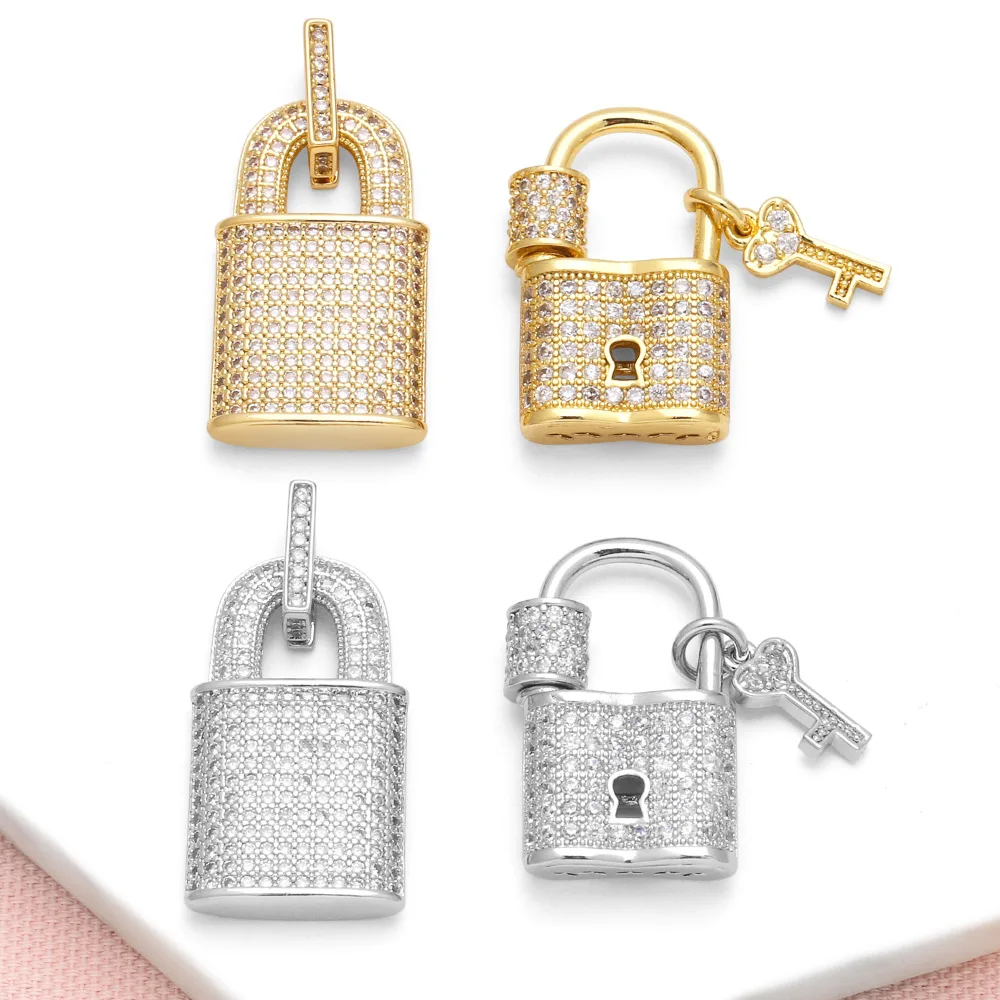 OCESRIO Fashion White Crystal Lock Key Pendant for Necklaces Copper Gold Plated Jewelry Making Component Wholesale pdtb636