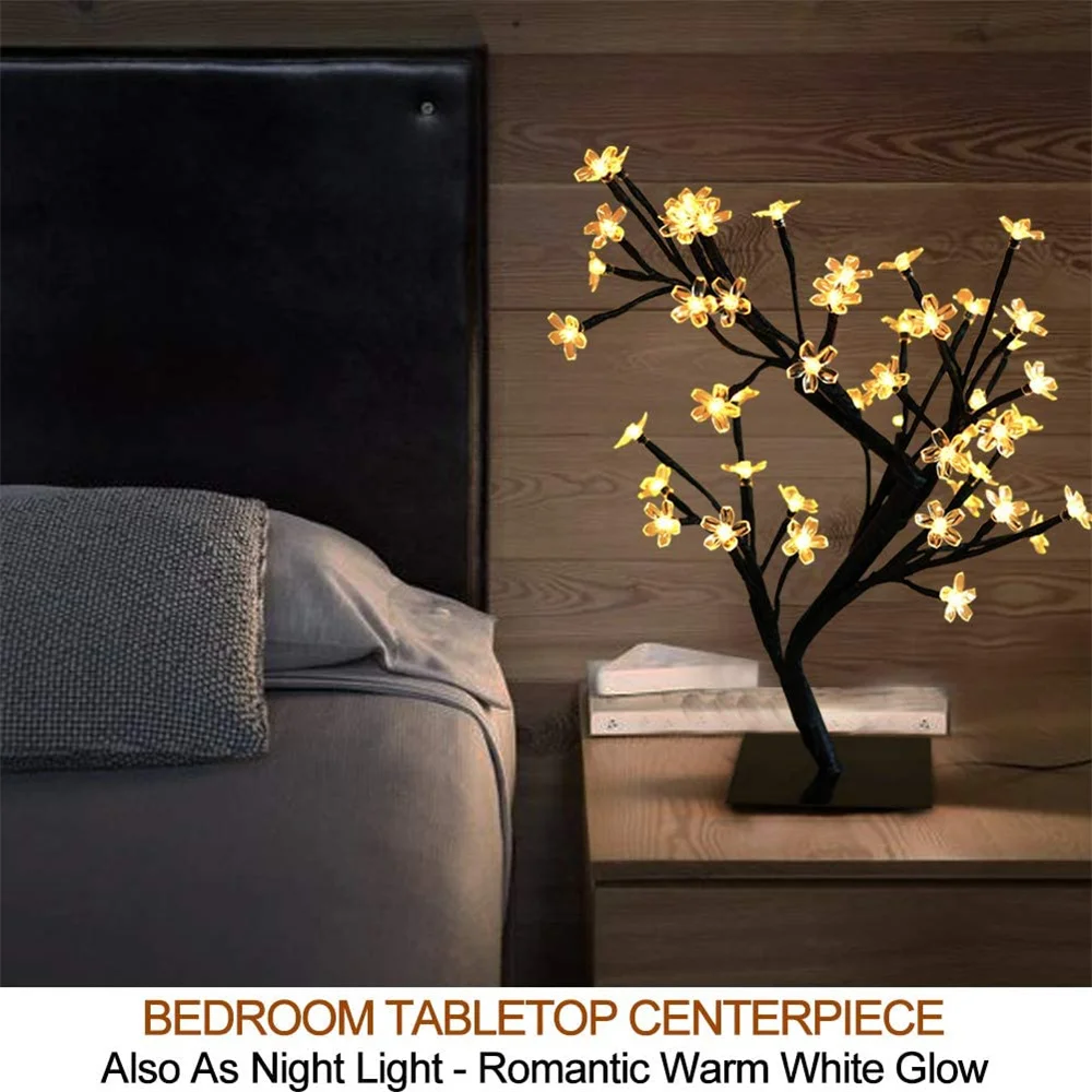 LED Cherry Blossom Tree Night Light Table Lamp Warm Light Decoration Bonsai Tree Fairy Desk Lamp for Home Bedroom Party Ornament