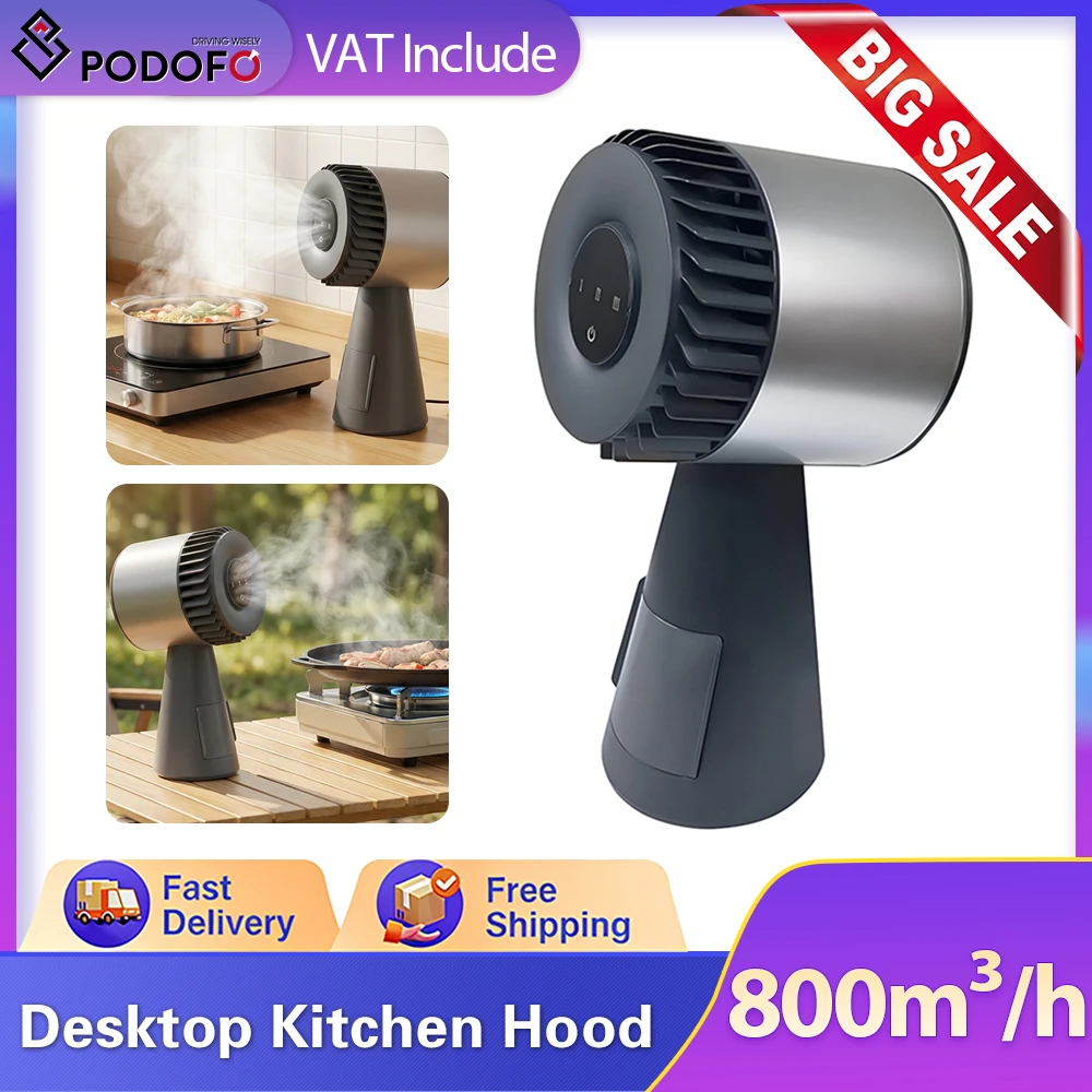 Campana Extractora de Mesa Podofo de 800m³/h, 3 Velocidades, Purificador de Aire Portátil para Cocina, Funcionamiento Silencioso, con Filtro de Aceite de 3 Capas y Cable de Alimentación de 1.5m para Asar, Freír, Hot Pot y Cocinar en la Encimera