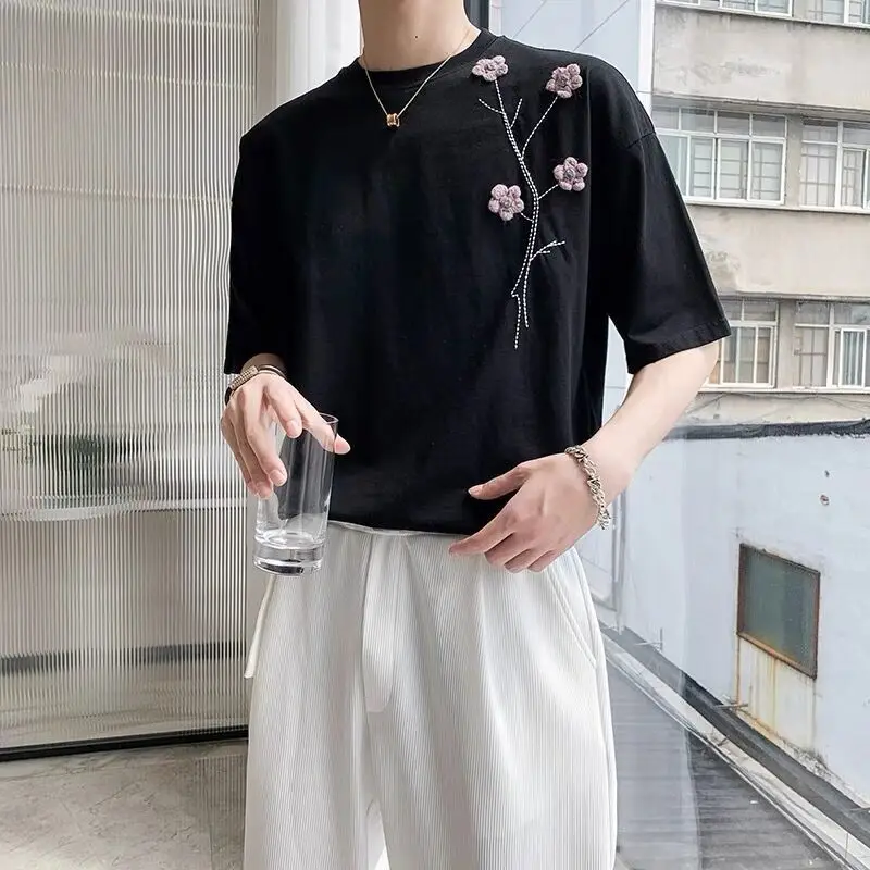 Short Sleeve Round Neck Loose Man Pullovers Solid Color T-Shirts Thin Sprung Summer Young Style Streetwear Men\'s Clothing Floral