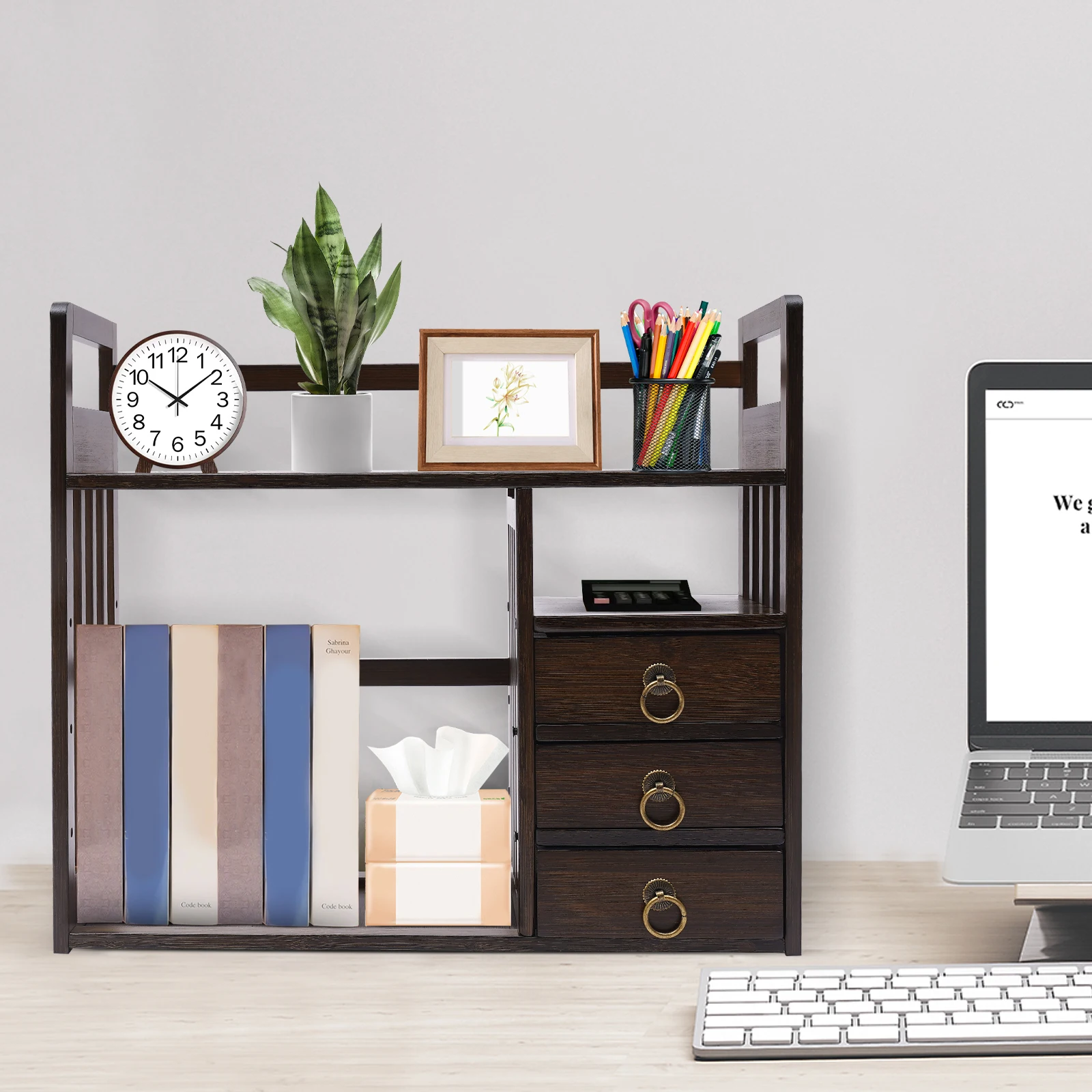 

[Desktop Bookshelf with Drawer] 3-Drawer Bamboo Desk Bookshelf - With Shelf - For Office - Durable Space-Saving