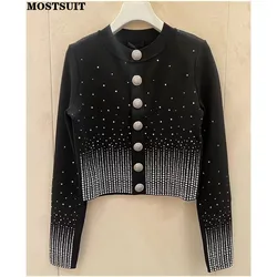 Black Diamonds Knitted Cardigan Women Stylish Sweater Tops 2023 Autumn Long Sleeve Single-breasted Elegant Chic Ladies Knitwear