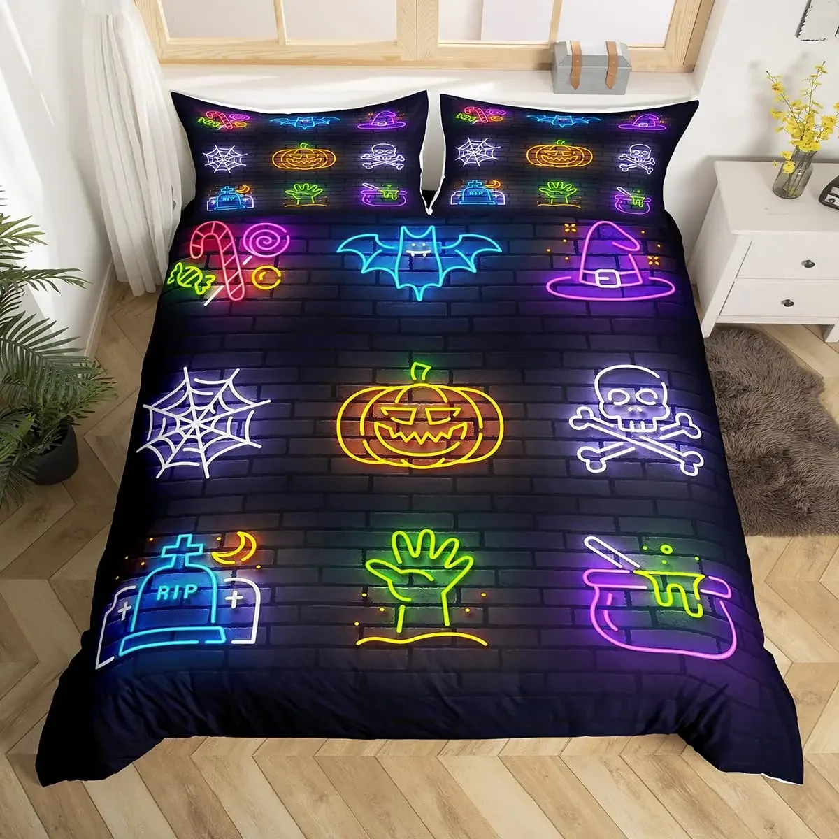 

Halloween Duvet Cover Set Gothic Spooky Bedding Sets,Pumpkin Lantern Comforter Cover Horror Ghost Witch Hat Cat Bat Quilt Cover