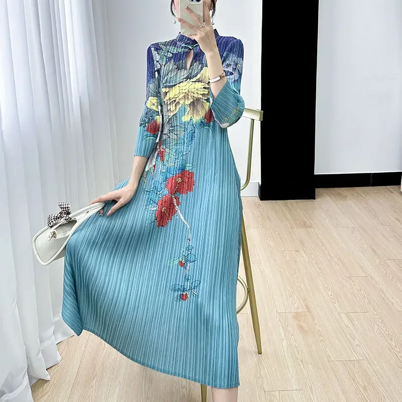 Peony print new Chinese style dress  stand up collar, buckle, seven quarter sleeves, pleats, cheongsam  skirt for women