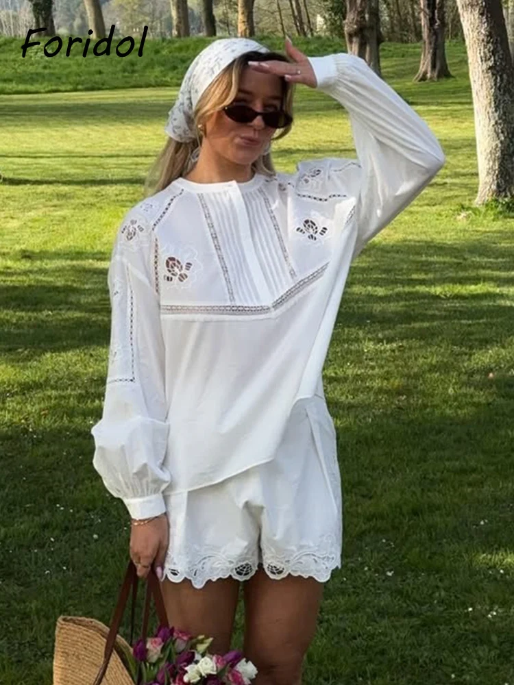 

Foridol White Cotton Shorts Set Outfits Women Hollow Out Embroidery Two Pieces Set Outfits Shirt Shorts Matching Set Summer