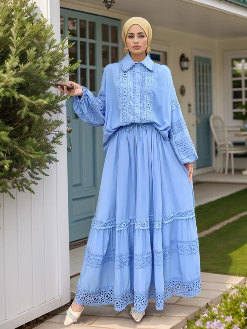 

Elegant Hollow Out Lace Spliced 2 Piece Sets Women Outfit Spring Clothes Women Full Sleeve Shirt Long Skirt Sets 2pcs Dress Sets