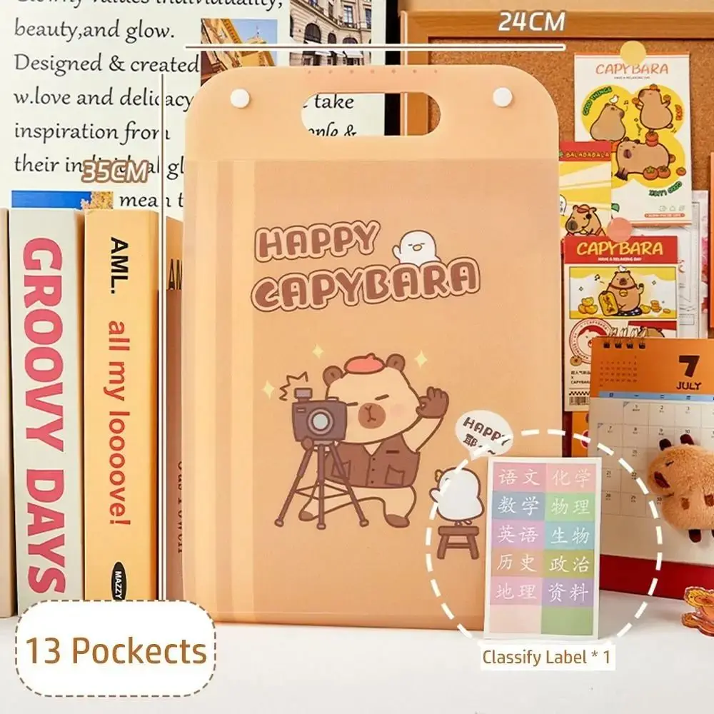 Vertical Capybara File Storage Holder Bellows bag 13 Pockets Capybara Homework Orginizer Cartoon Handheld Capybara Storage Bag