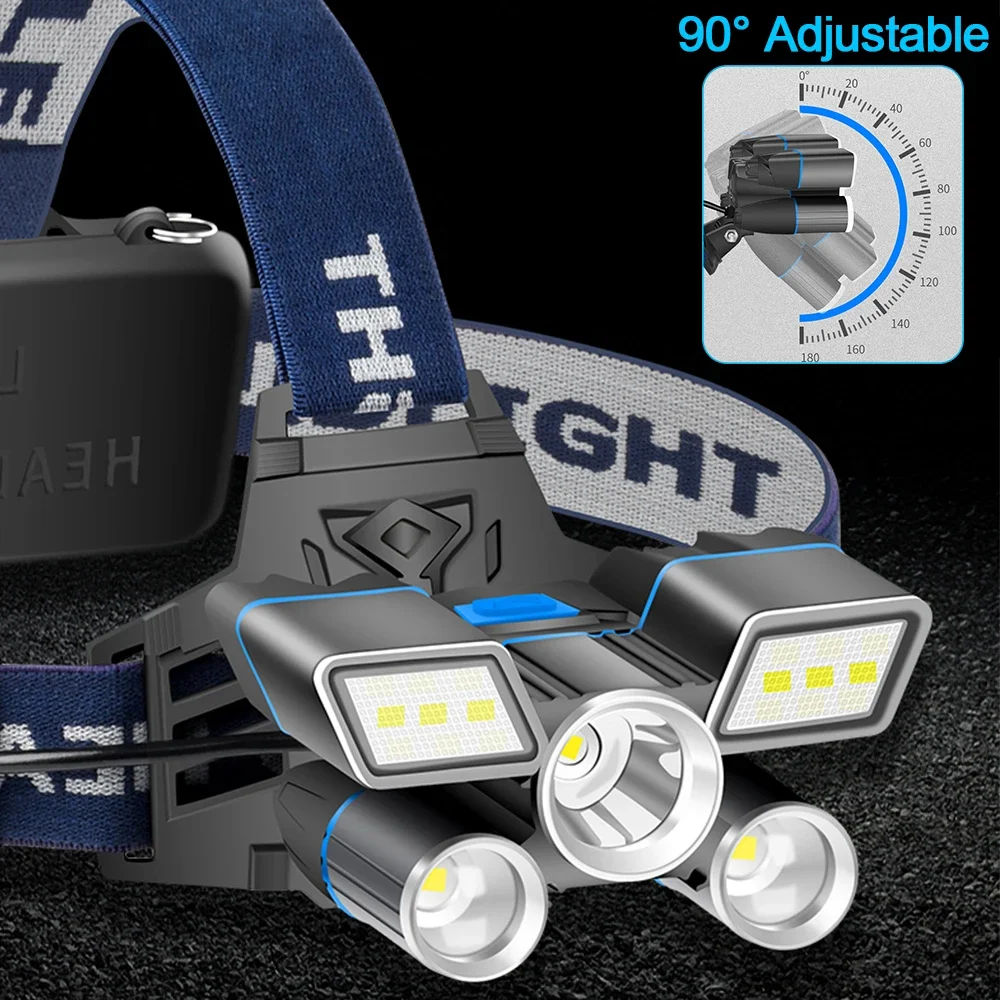 5 LED Red Blue White Light 9 Modes LED Headlamp Headlight USB Rechargeable Head Light with Tail Warning Light Waterproof