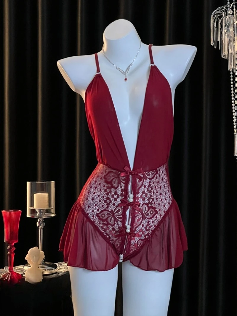 

Элегантное кружевное платье с глубоким V-образным вырезом для женщин — дизайн с лямкой на шее с открытой спиной и тонким поясом, романтическая облегающая ночная рубашка для парных свиданий