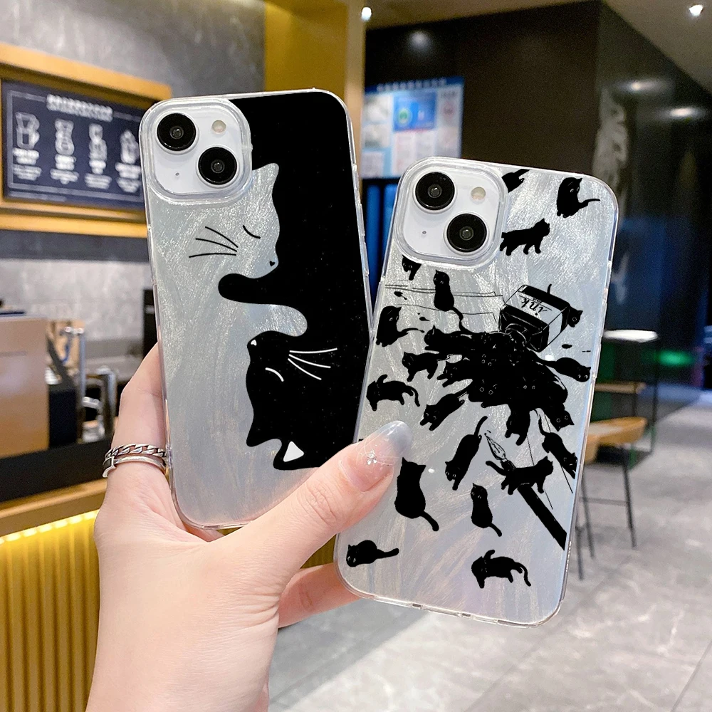 Art Black Cartoon Cat Funny Clear Feather Laser Phone Case FOR VIVO Y12 Y11 Y10 Y5 Y3 Y2 Y01 T A S1 V25 V21E V29 E LITE S 5G