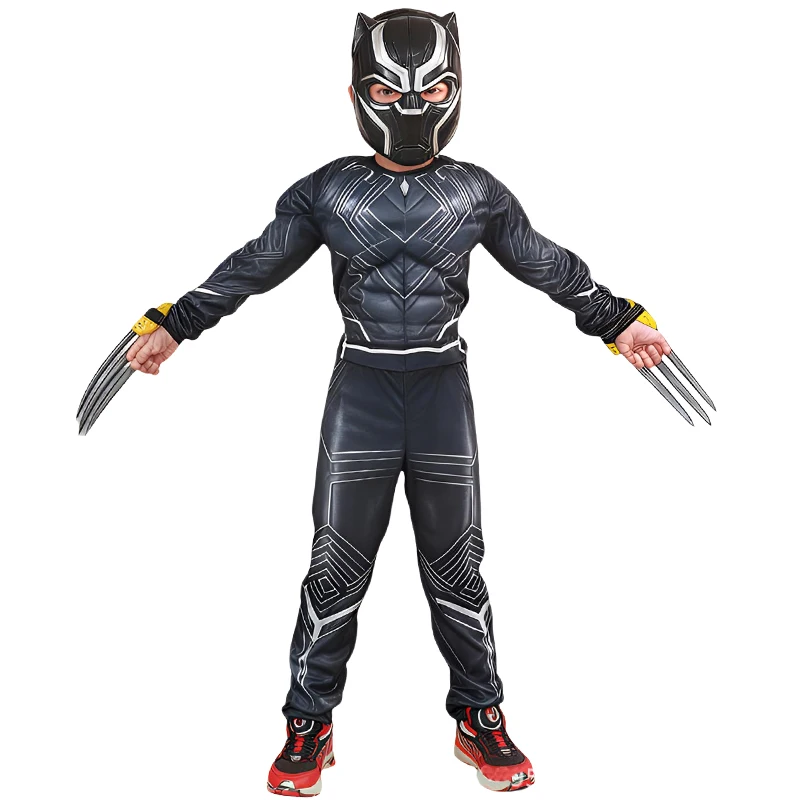 Disfraz de Pantera Negra para niños, mono con músculos, superhéroe, Pantera Negra, Cosplay, máscara, garras, disfraces de Halloween para niños
