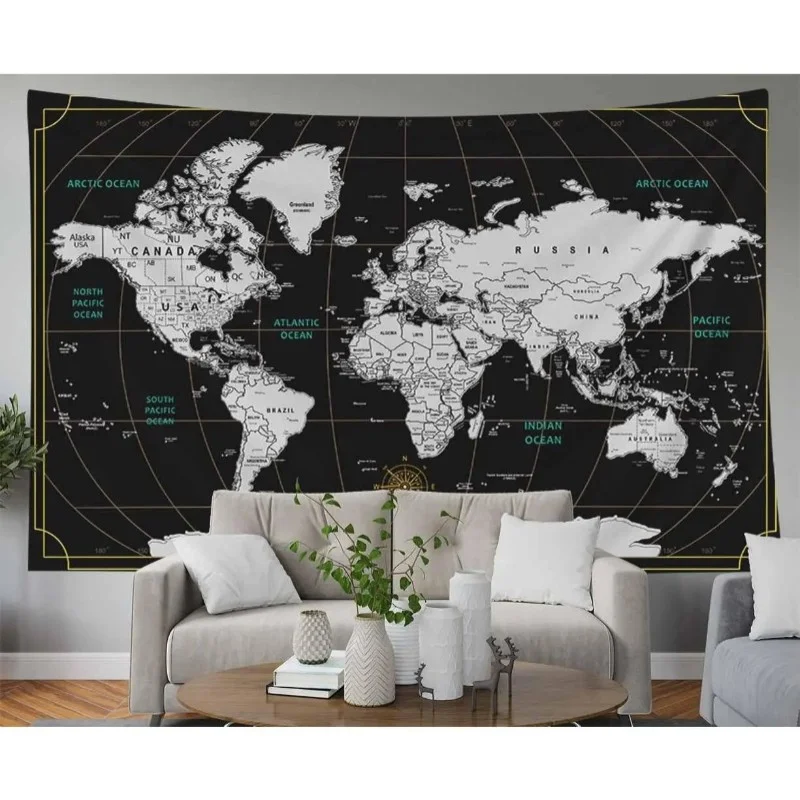 VIKAMA Aquarell-Weltkarte Wandteppich aus Polyester mit abstraktem geografischem Aufdruck, Wandbehang für Wohnzimmer, Schlafzimmer, Heimdekoration