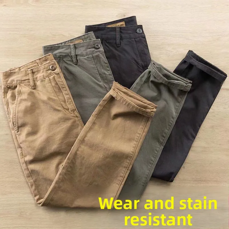 

Mens Cotton Work Trousers Outdoor Straight Leg Slim Fit Summer Autumn Wear Resistant Belt Loers Casual Pants American Sle