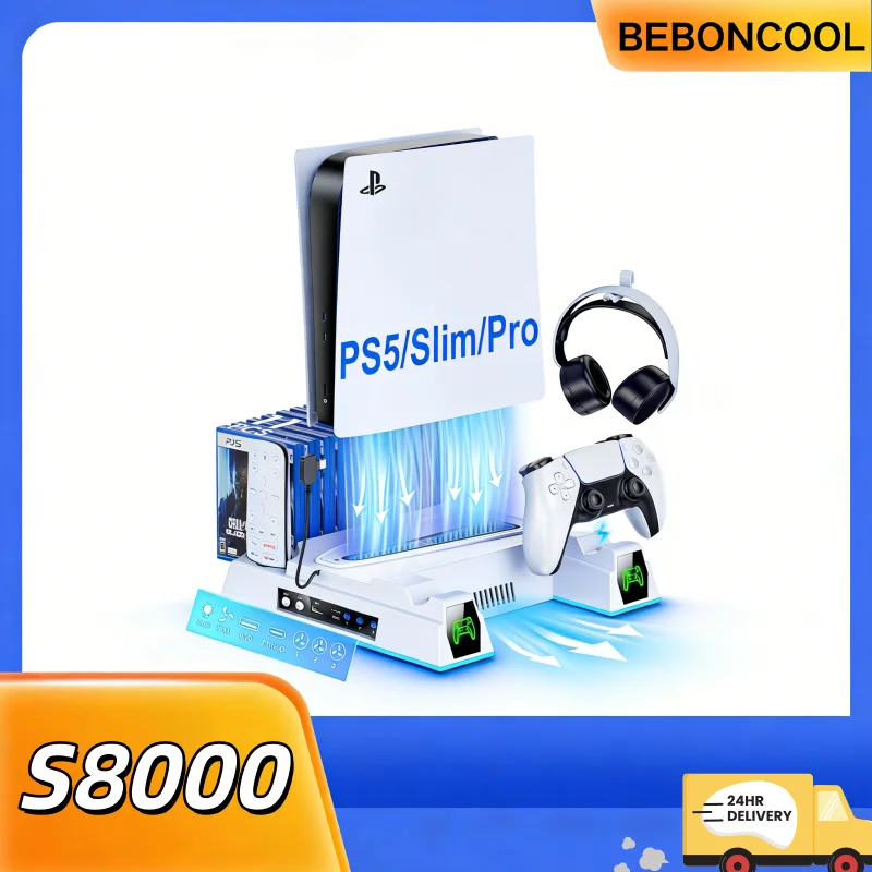 

Вертикальная охлаждающая станция BEBONCOOL S8000 для PS5 с 3-скоростным регулируемым вентилятором для Slim 2020/2023 и Pro Digital Disc 2024 Dinofire