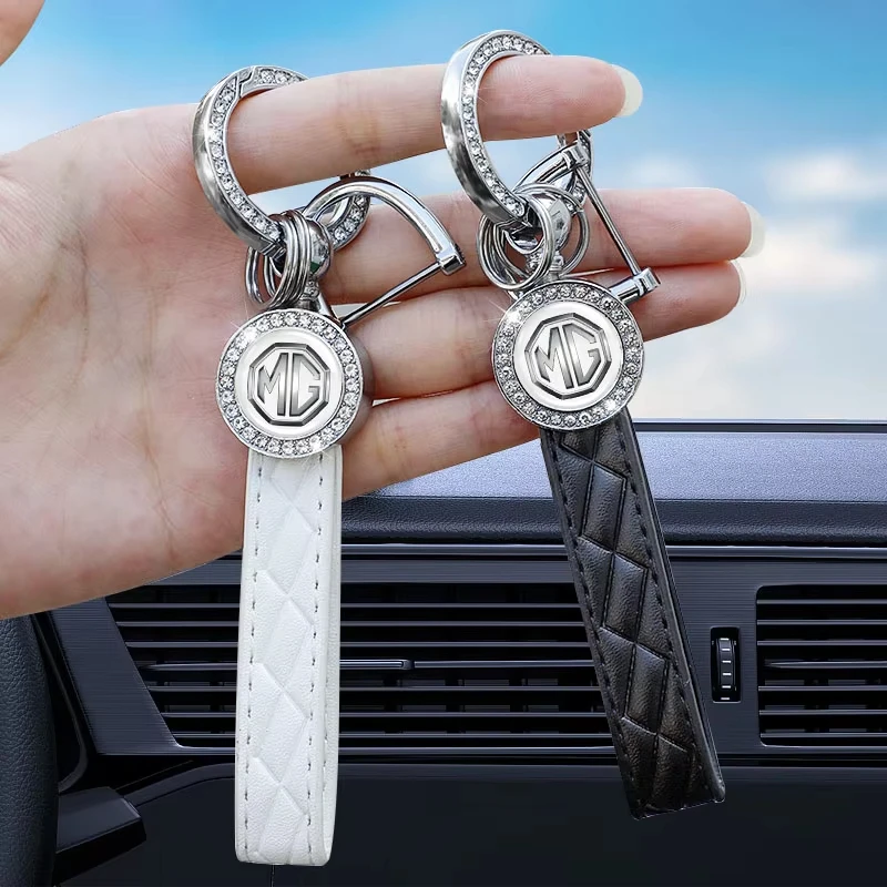 Diamond Leather Car Keychain Key Pendant Keyring Auto Accessories For MG ZS MG3 MG4 EV MG5 MG6 MG7 Cyberster ES5 HS ONE GT GS EZ