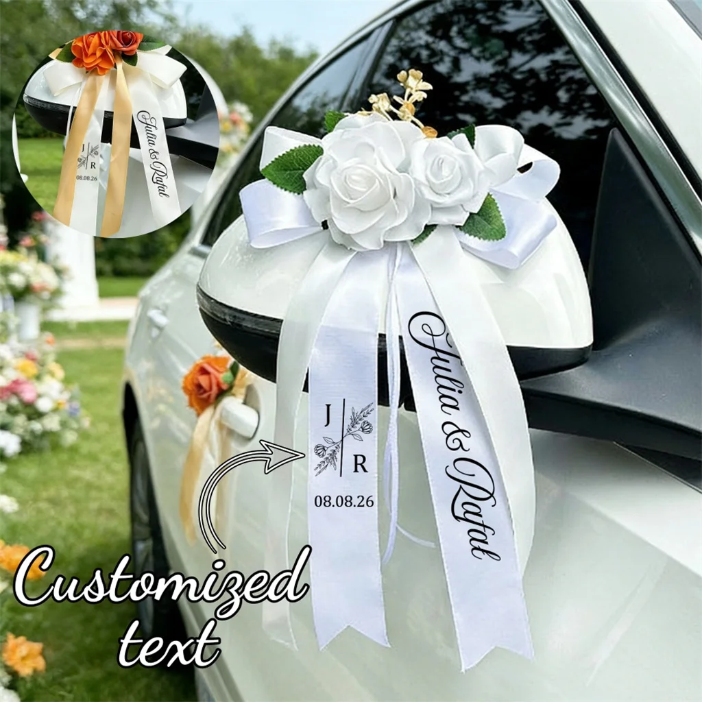 1pc Custom European Style Wedding Car Rearview Mirror Wedding Decoration Door Handle Strap Simulated Rose Custom Bow And Ribbon