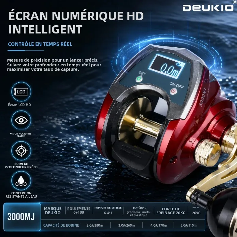 DEUKIO Moulinet de pêche électronique à manivelle métallique CNC 6+1BB avec affichage numérique LED, moulinet de baitcasting avec compteur