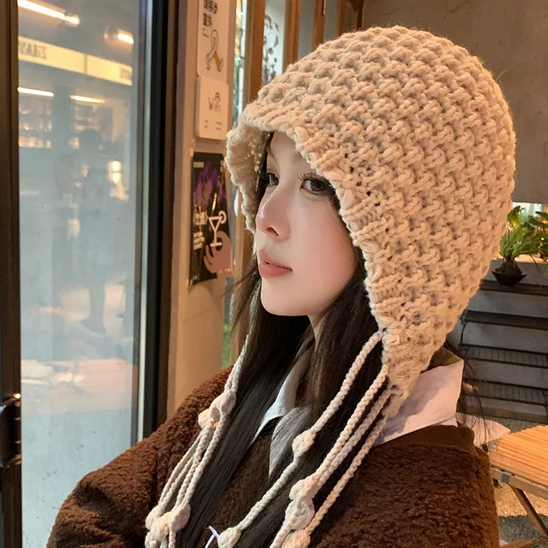 Hand Woven Thick Cap for Women Female Autumn and Winter Tassel Ear Protection Hat Knitted Hat